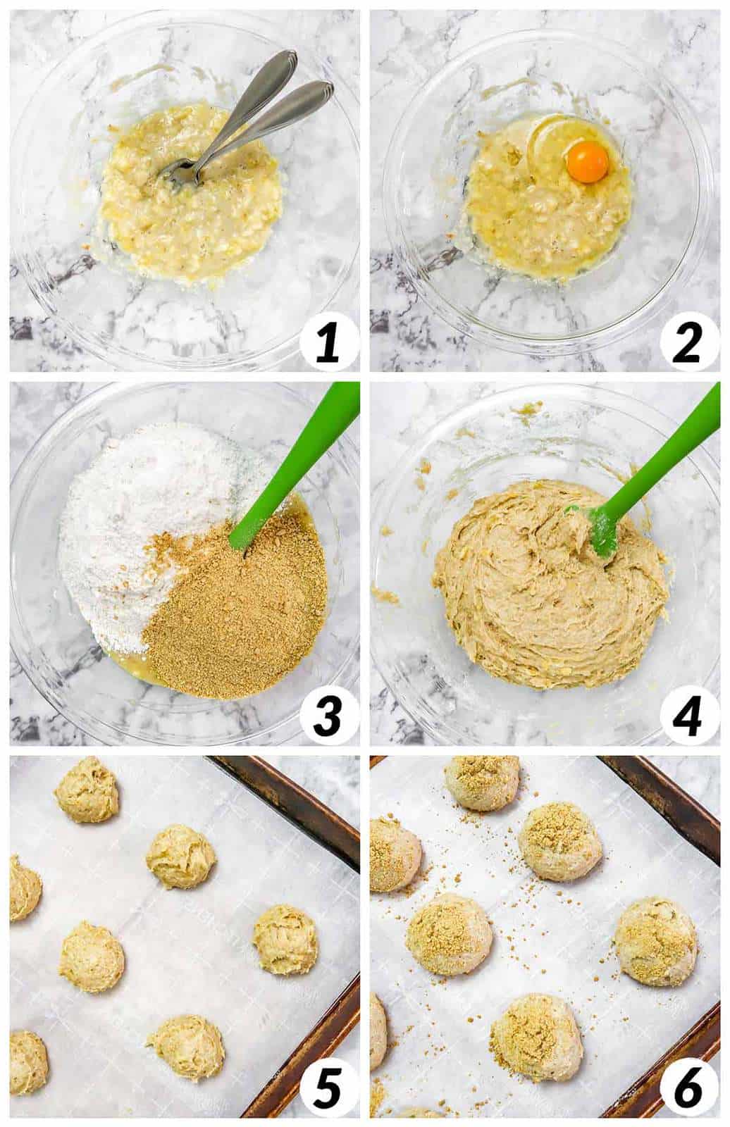 Six panel grid of process shots -mixing together ingredients, forming cookies, and baking.