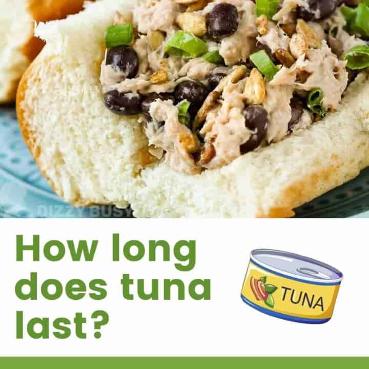 Photo graphic of sandwich with tuna salad on top and text on the bottom with a colored drawing of a tuna can.