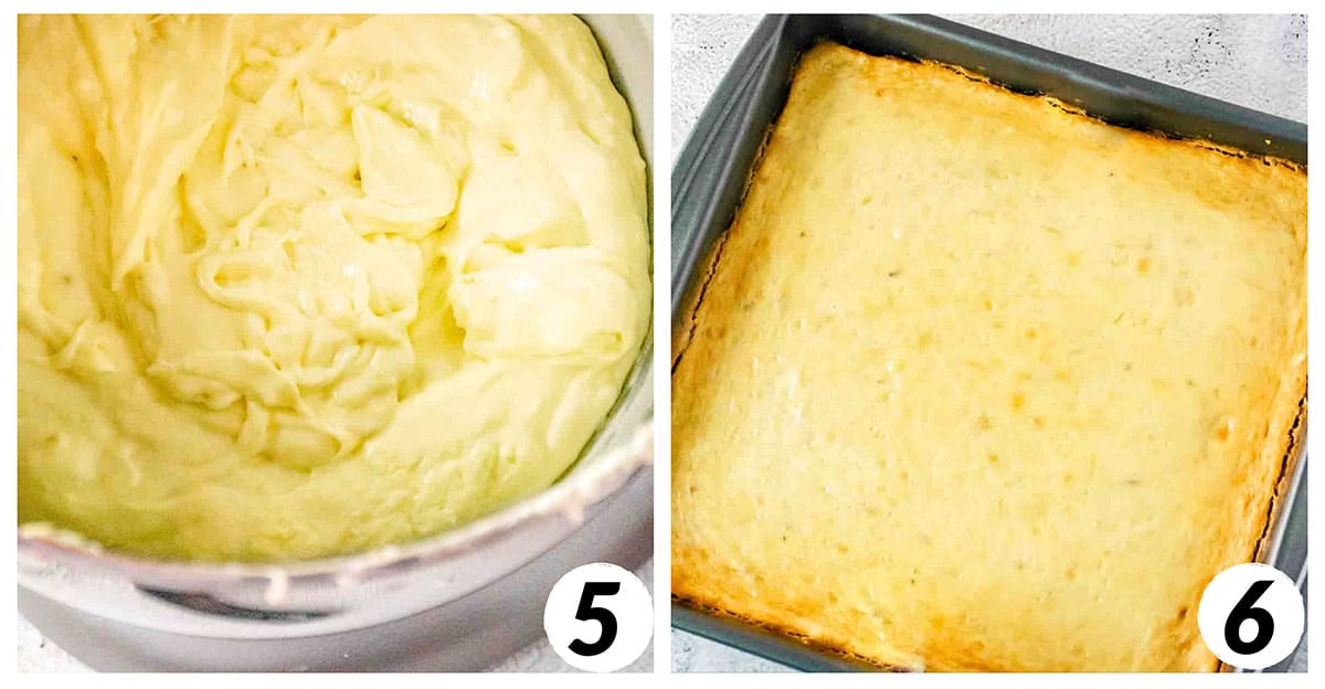 Two panel grid of process shots 5-6 - transferring mixture to baking pan and baking in the oven.