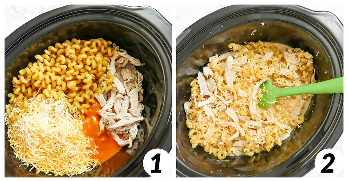 Two panel grid of process shots - combining ingredients in crock pot and cooking.