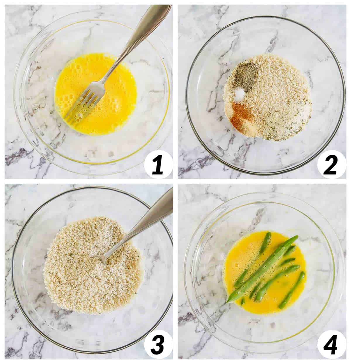 Four panel grid of process shots 1-4 - mixing ingredients for breadcrumb mixture and coating green beans in egg and the mixture.