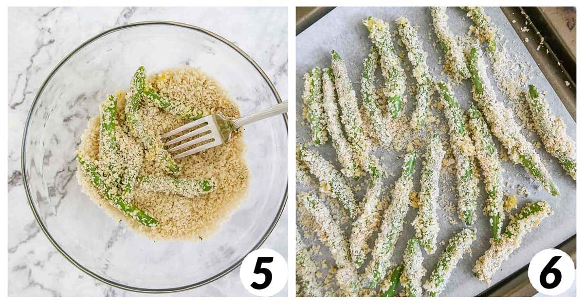 Two panel grid of process shots 5-6 - transferring green beans to a baking sheet and baking in the oven.