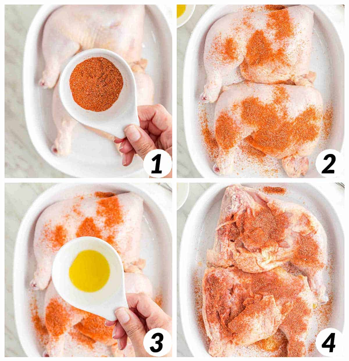 Four panel grid of process shots 1-4 - prepping chicken legs with seasoning and olive oil.