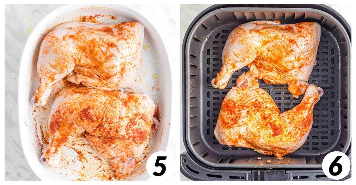 Two panel grid of process shots 5-6 - cooking chicken legs in air fryer.