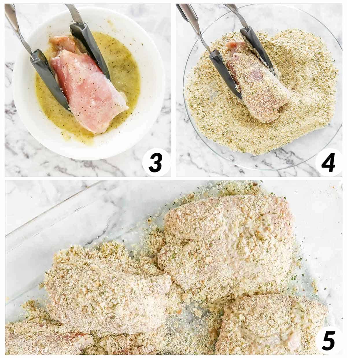 Three panel grid of process shots 3-5 - coating and breading chicken and placing in the oven to bake.
