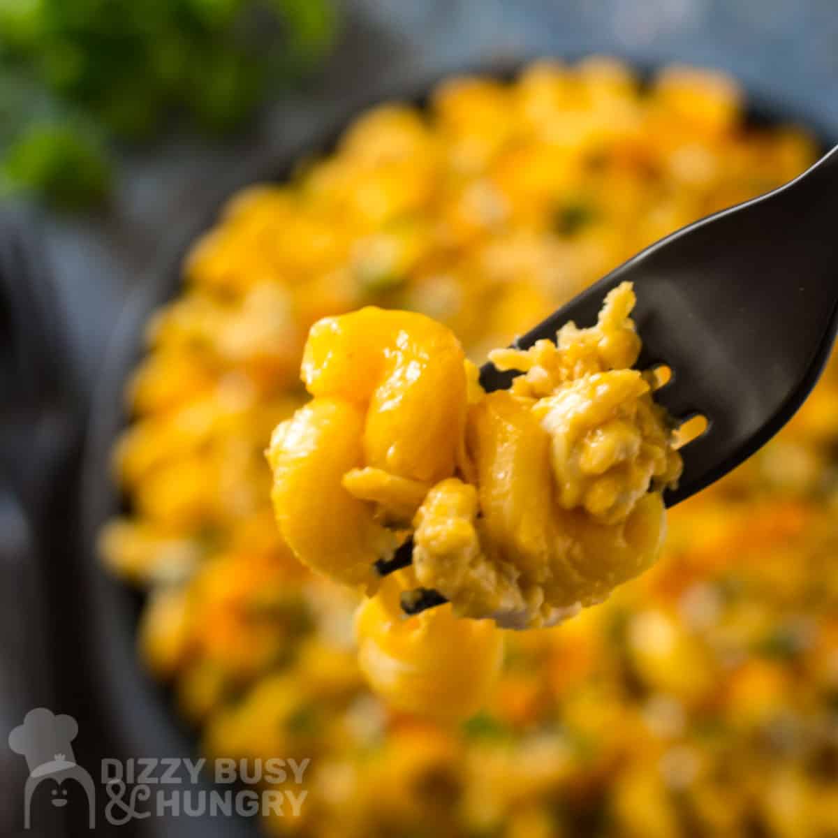 Close up shot of buffalo Mac and cheese on a black fork with a full bowl of it blurry in the background.