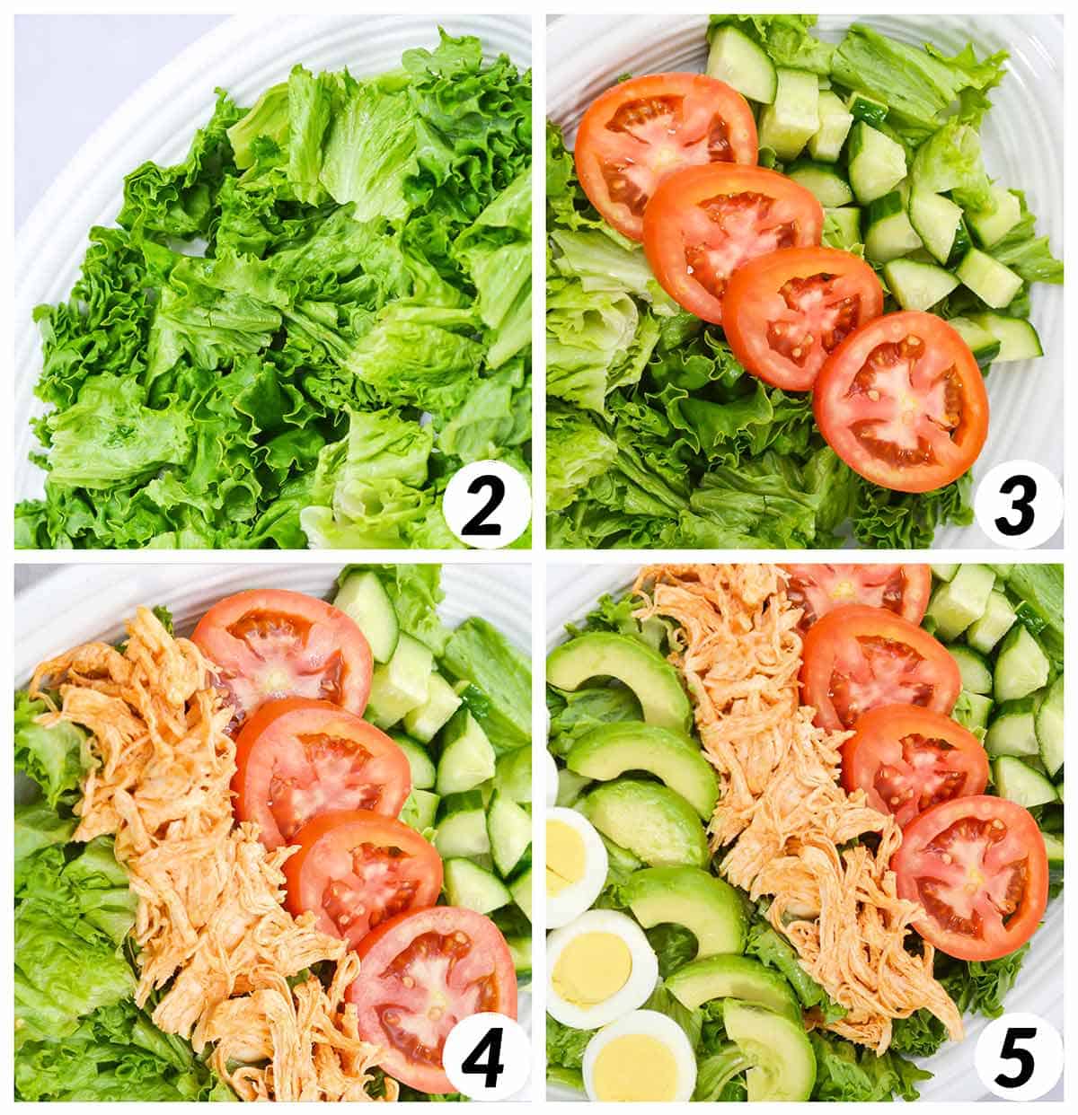 Four panel grid of process shots 2-5 - assembling ingredients over lettuce to make the salad.