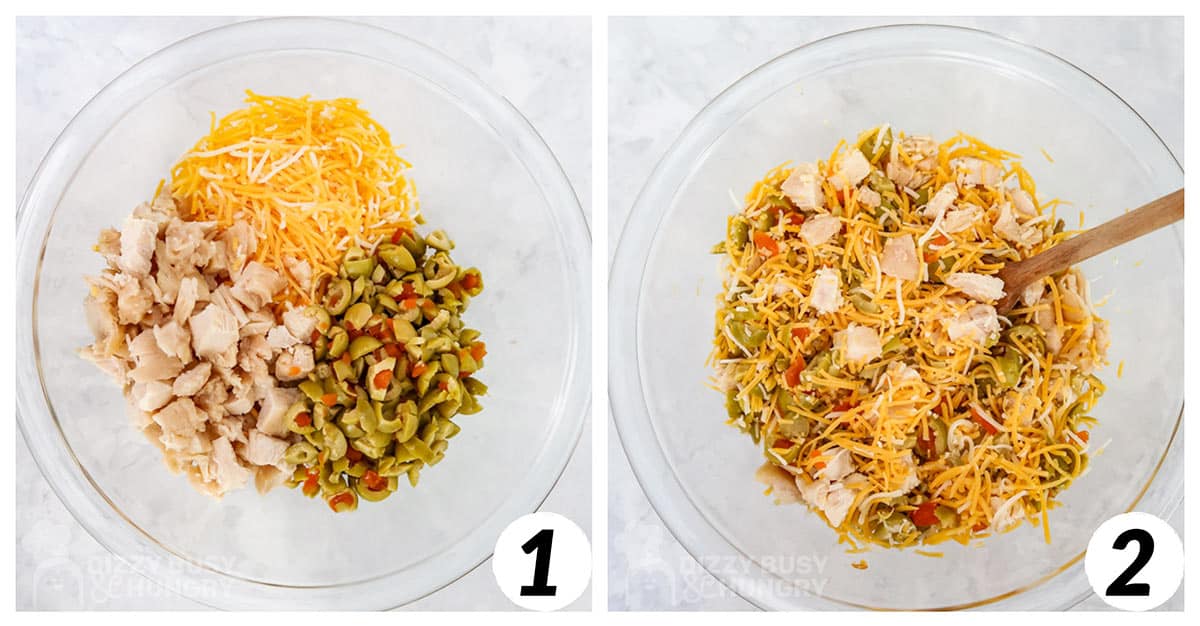 Two panel grid of process shots 1-2 - mixing together ingredients for sandwich filling.