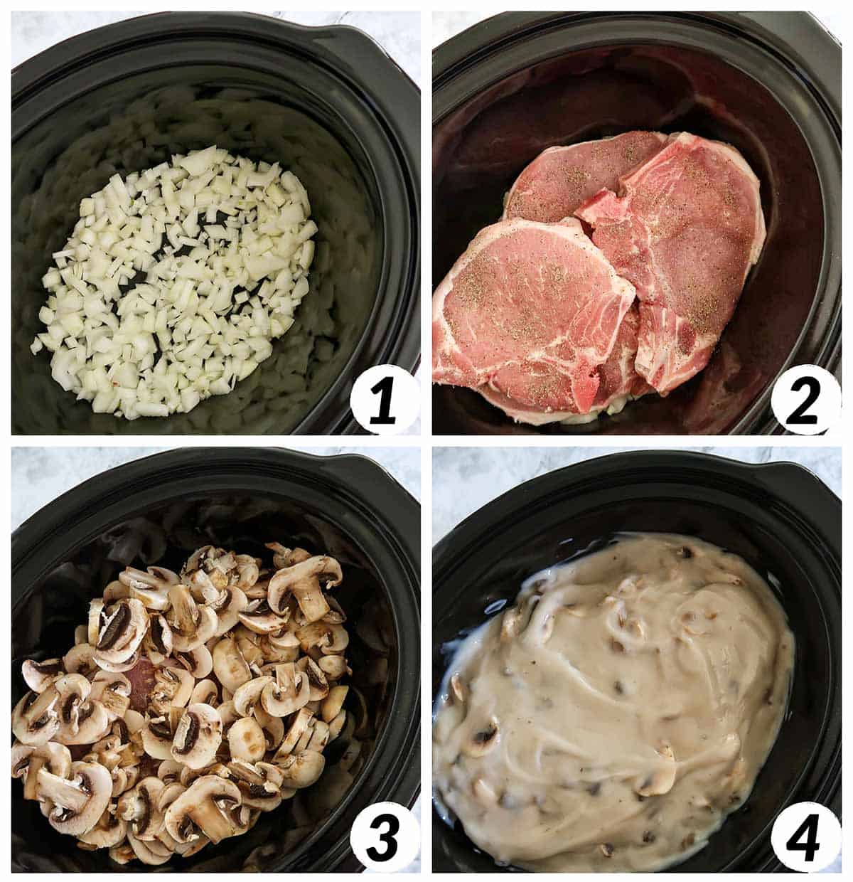 Four panel grid of process shots - combining ingredients in the crock pot and cooking.