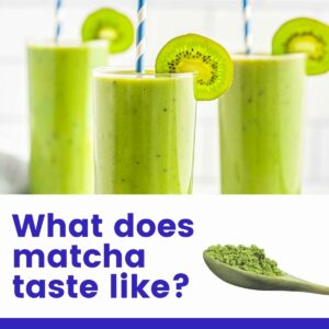 Divided image with side view of matcha smoothies on top and a photo of matcha powder on a spoon plus blue text underneath.