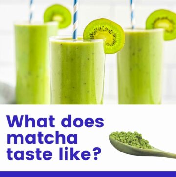 Divided image with side view of matcha smoothies on top and a photo of matcha powder on a spoon plus blue text underneath.