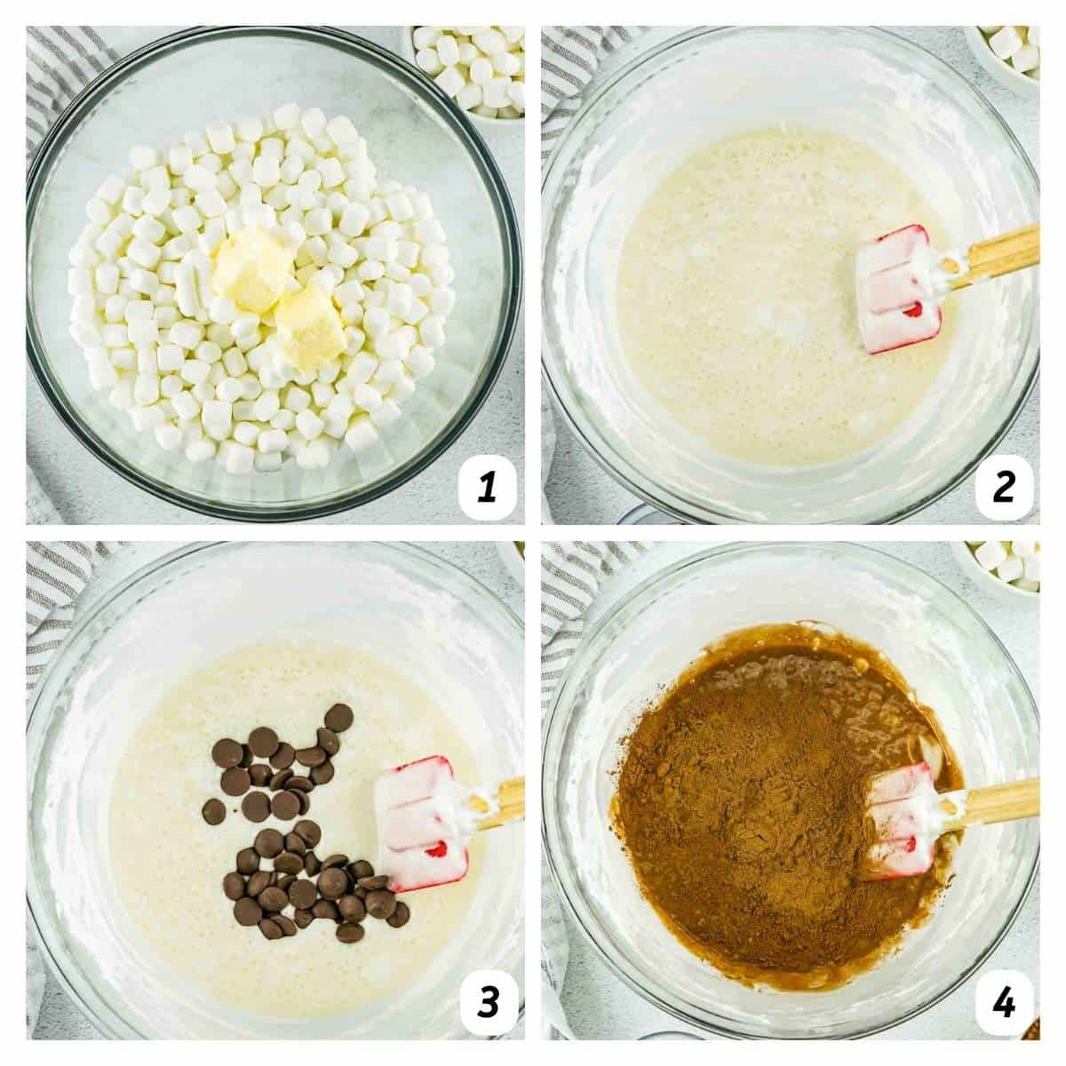 Four panel grid of process shots 1-4 - melting butter and marshmallows, adding chocolate chips and cocoa powder.