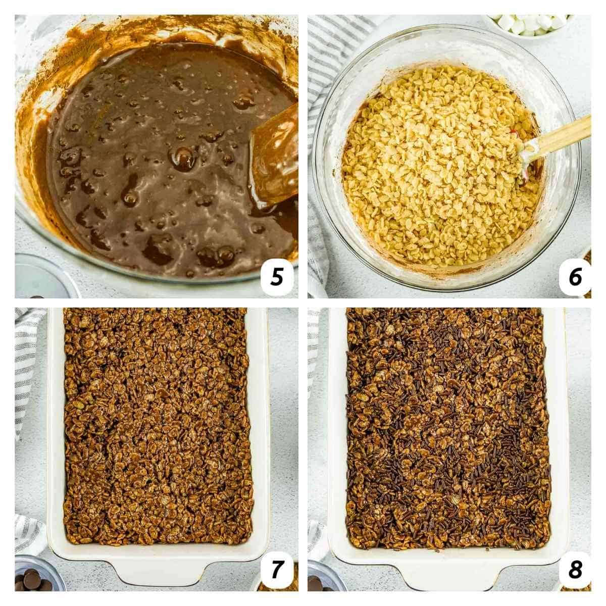 Four panel grid of process shots 5-8 - mixing Rice Krispies cereal with the chocolate marshmallow mixture, spreading mixture onto a pan, adding chocolate sprinkles, and letting cool.