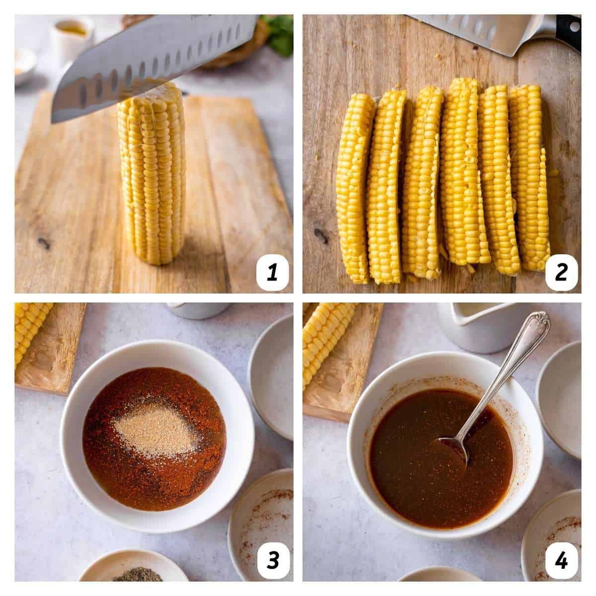 Four panel grid of process shots 1-4 - cutting off ribs from corn on the cob and mixing together ingredients for the rub.