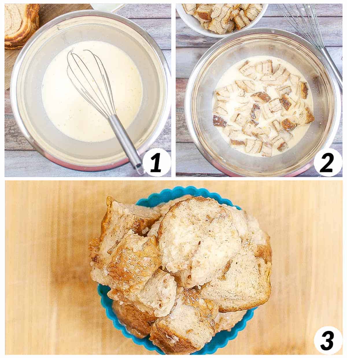Three panel grid of process shots 1-3 - whisking together wet ingredients, coating bread pieces in the mixture, and arranging into cupcake liners.