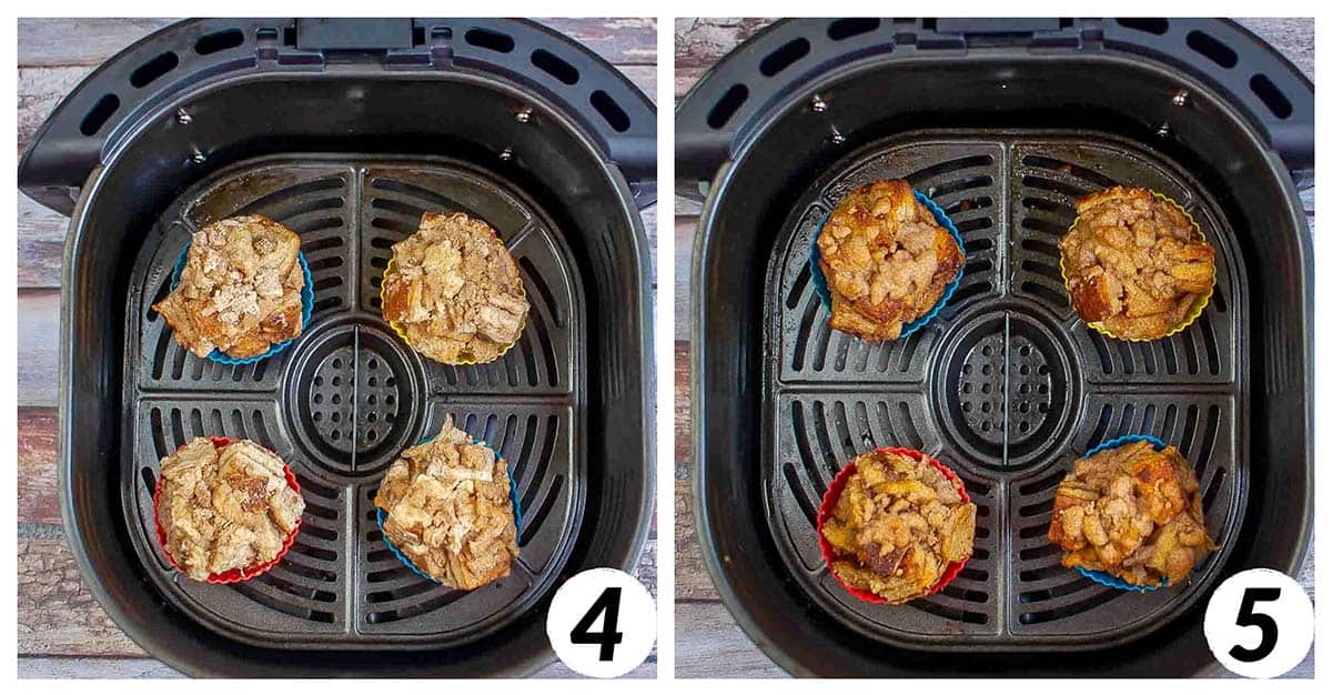Two panel grid of process shots 4-5 - placing French toast cups in the air fryer and baking.
