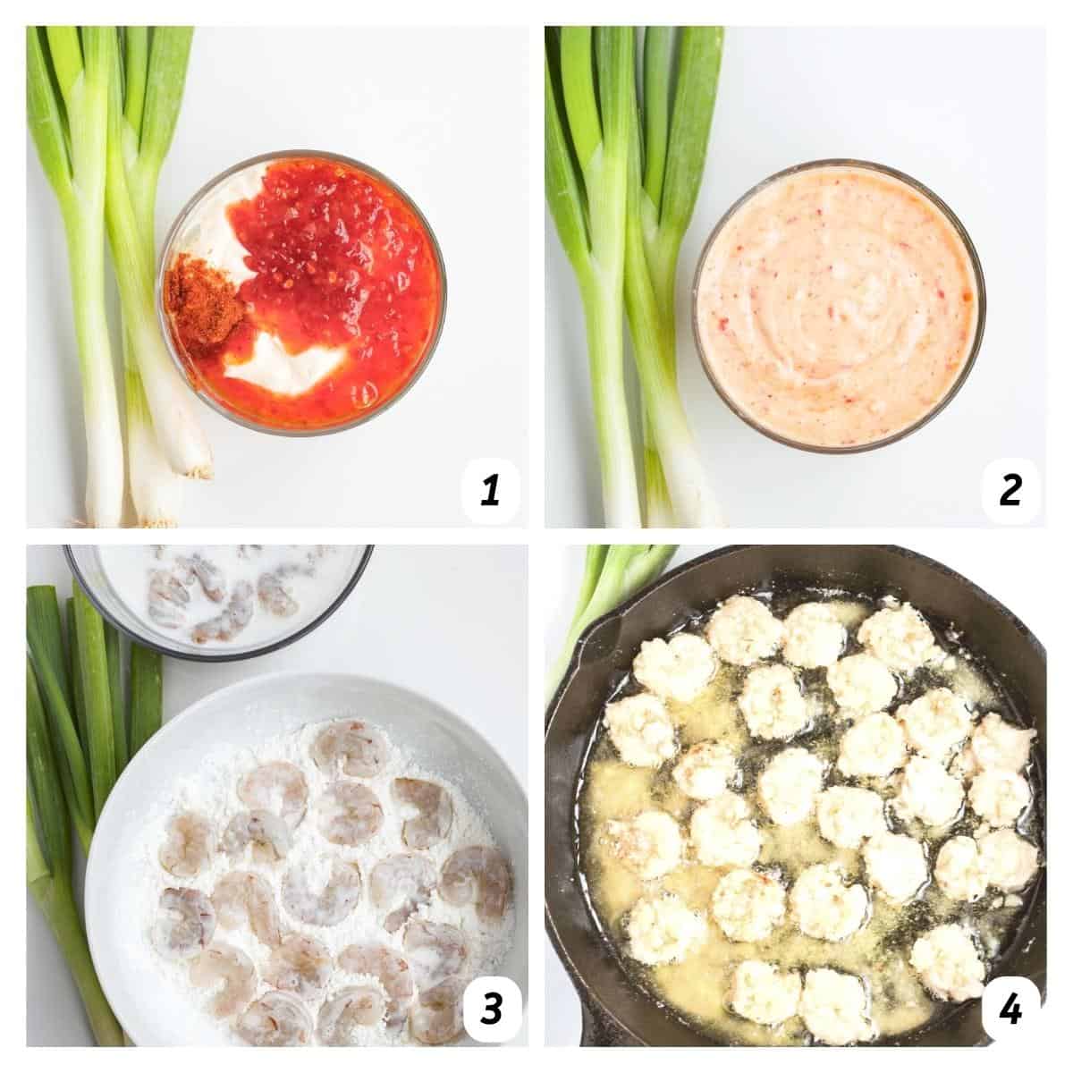 Four panel grid of process shots 2-4 - combining ingredients to make sauce, coating shrimp in cornstarch, and frying in a skillet.