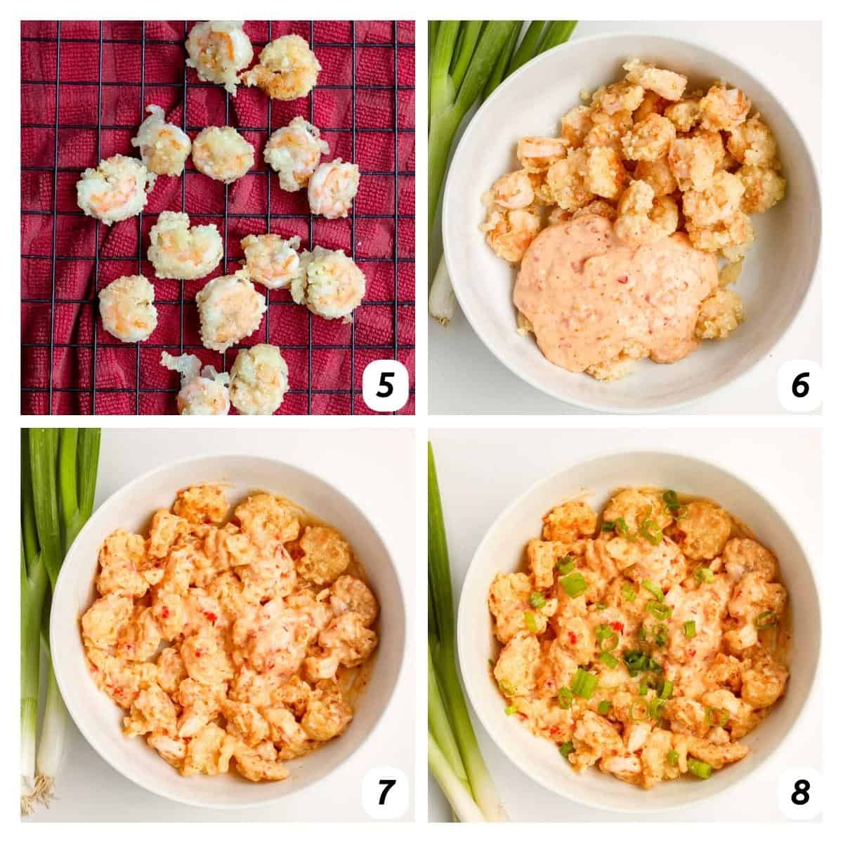 Four panel grid of process shots 5-8 - drying shrimp after frying, combining with sauce, and adding green onions.