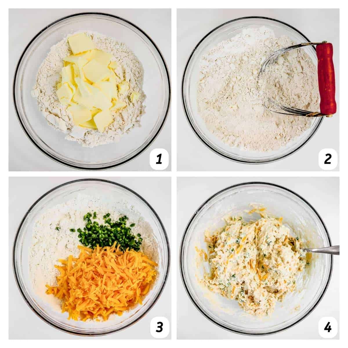 Four panel grid of process shots 1-4 - mixing together all ingredients gradually to create dough.
