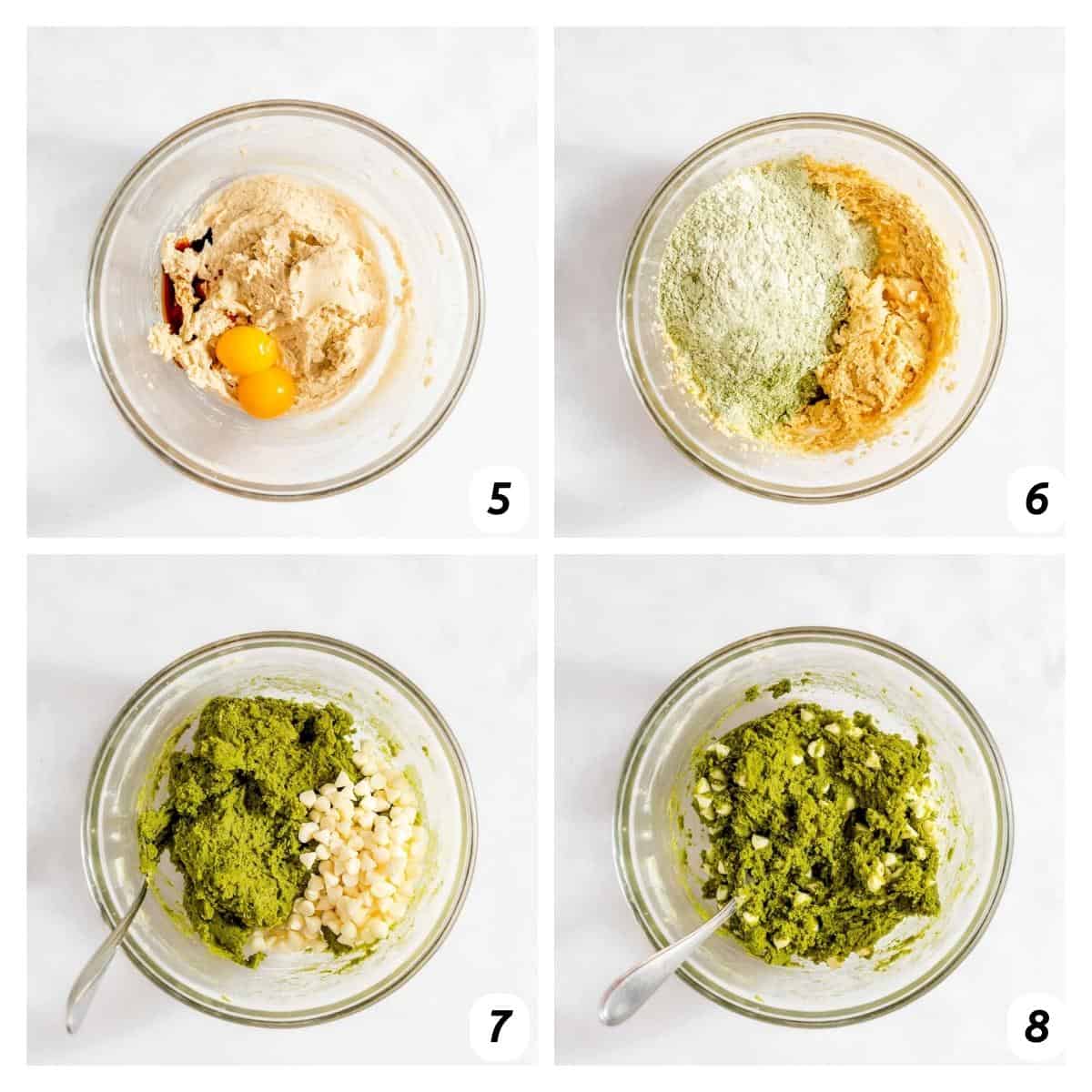 Four panel grid of process shots 5-8 - slowly mixing together wet and dry ingredients and adding white chocolate chips.