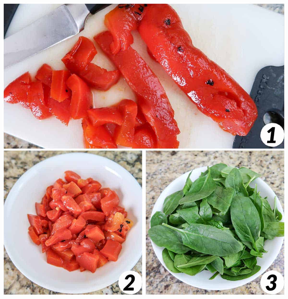 Three panel grid of process shots 1-3 - roughly chopping roasted red peppers and prepping spinach.