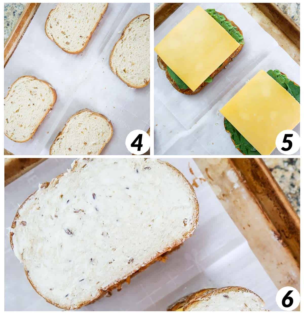 Three panel grid of process shots 4-6 - assembling sandwiches on baking sheet and baking in the oven.