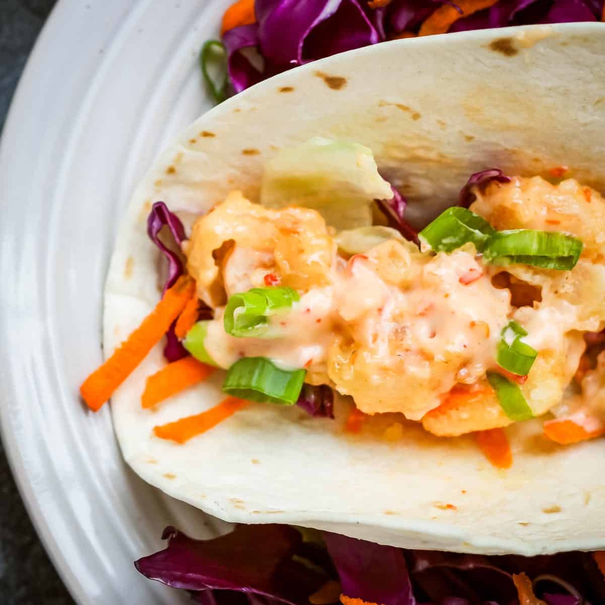 Overhead close up shot of a shrimp taco with shredded carrots and cabbage on a white plate.