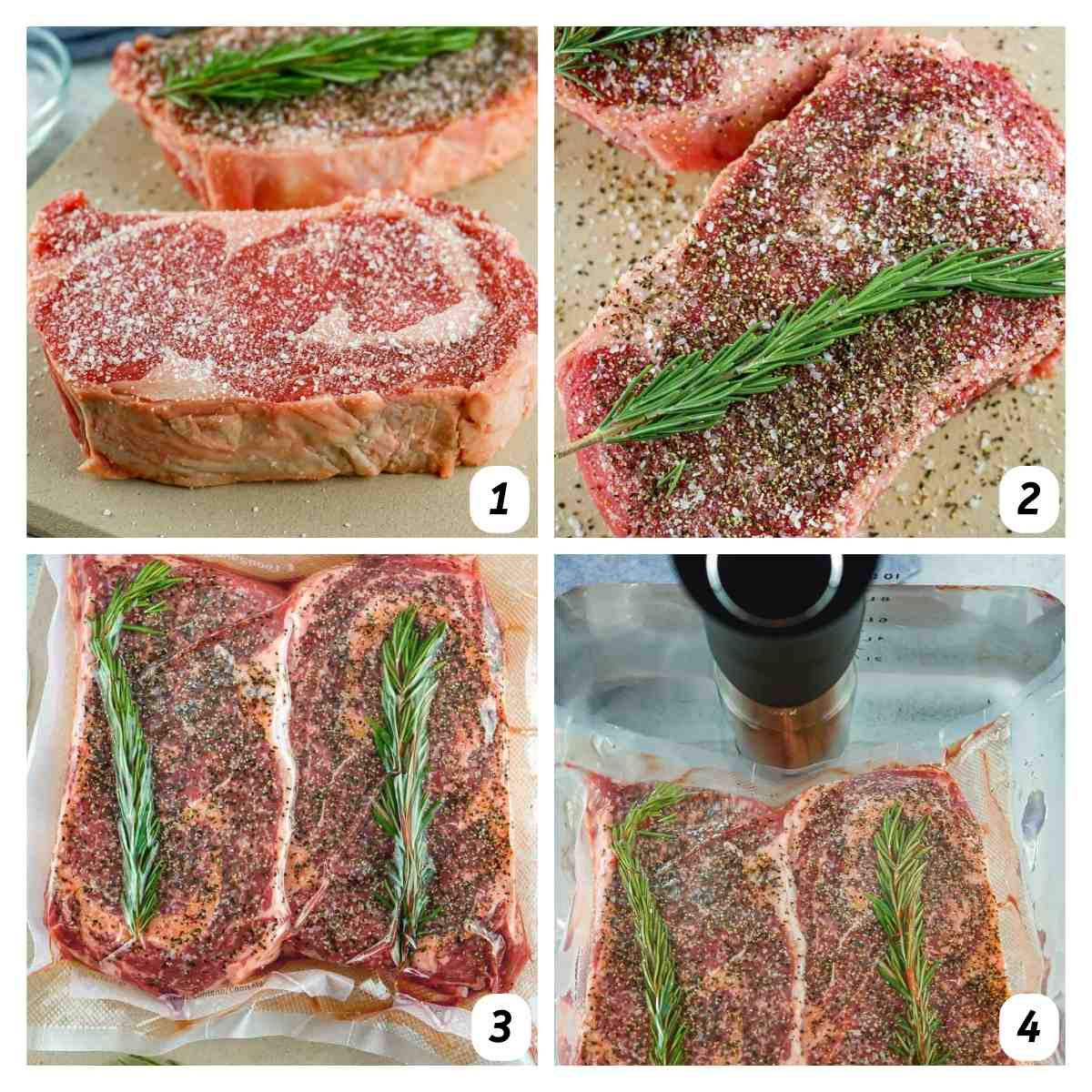 Four panel collage of process shots - dress steak with salt, pepper, and rosemary, vacuum sealing the bags, and cooking in a hot water bath.