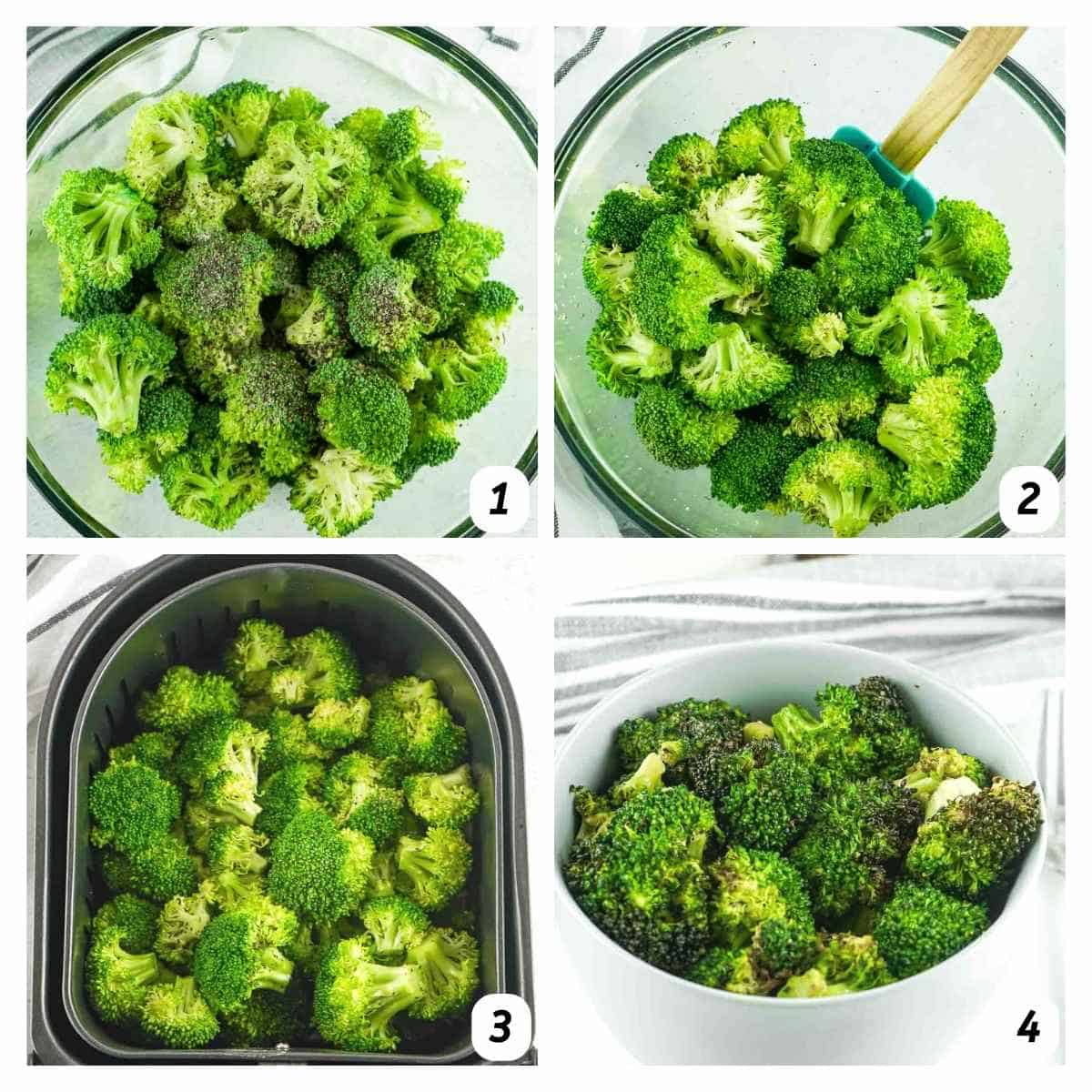 Four panel grid of process shots - combining ingredients and cooking in the air fryer.