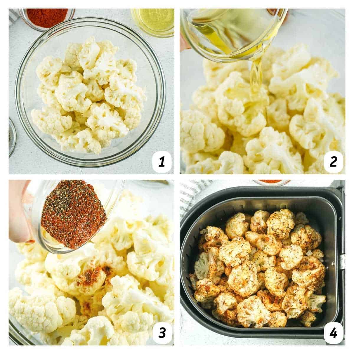 Four panel grid of process shots - preparing cauliflower, coating with oil and seasoning, and cooking in the air fryer.