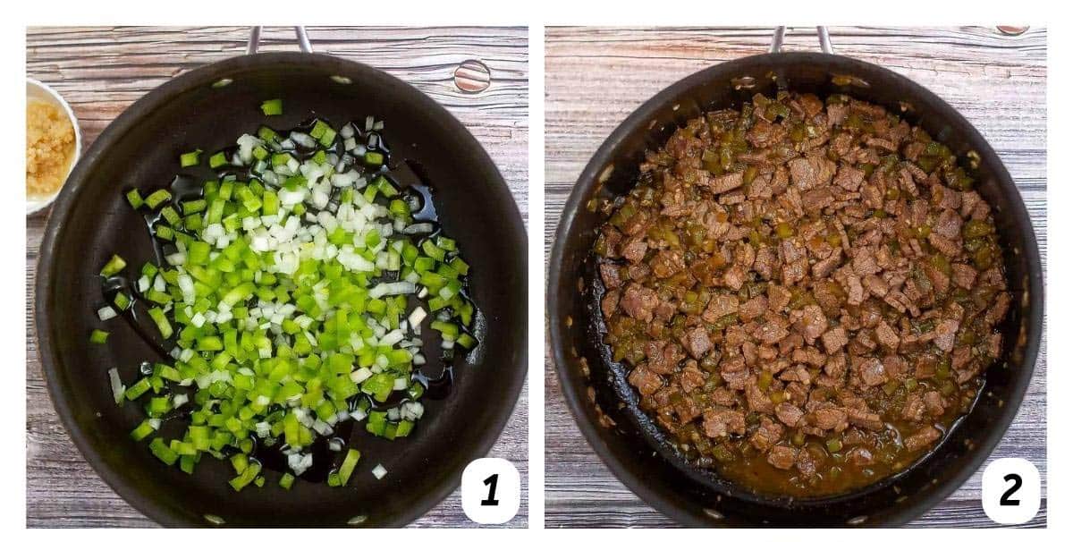 Two panel grid of process shots 1-2 - sautéing green peppers and onion with oil and then adding the steak and other ingredients.