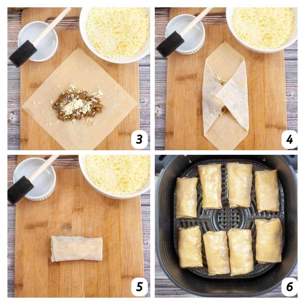 Four panel grid of process shots 1-4 - laying out egg roll wrapper, placing steak and cheese in the middle and wrapping, and adding to the air fryer to cook.