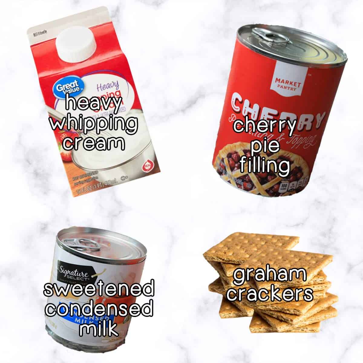 Edited image of ingredients with text - heavy whipping cream, cherry pie filling, sweetened condensed milk, and graham crackers.