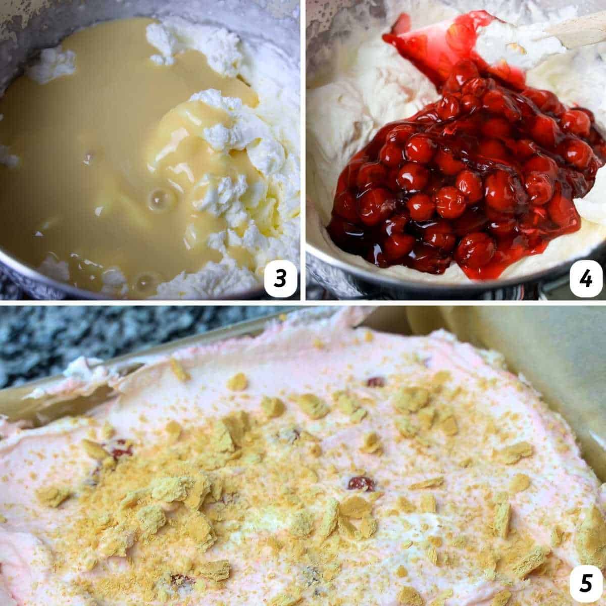 Three panel grid of process shots 3-5 - folding in the sweetened condensed milk, folding in the cherry pie filling, laying the ice cream on a pan, adding graham crackers, and freezing overnight.