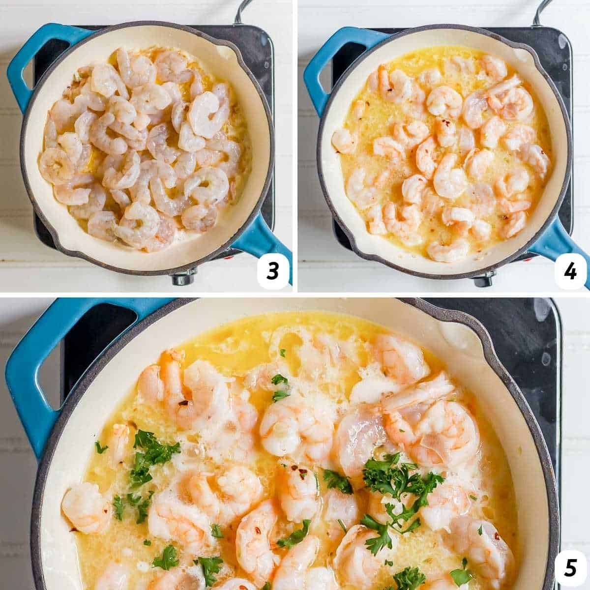 Three panel grid of process shots 3-5 - adding shrimp to skillet and adding the rest of the ingredients.