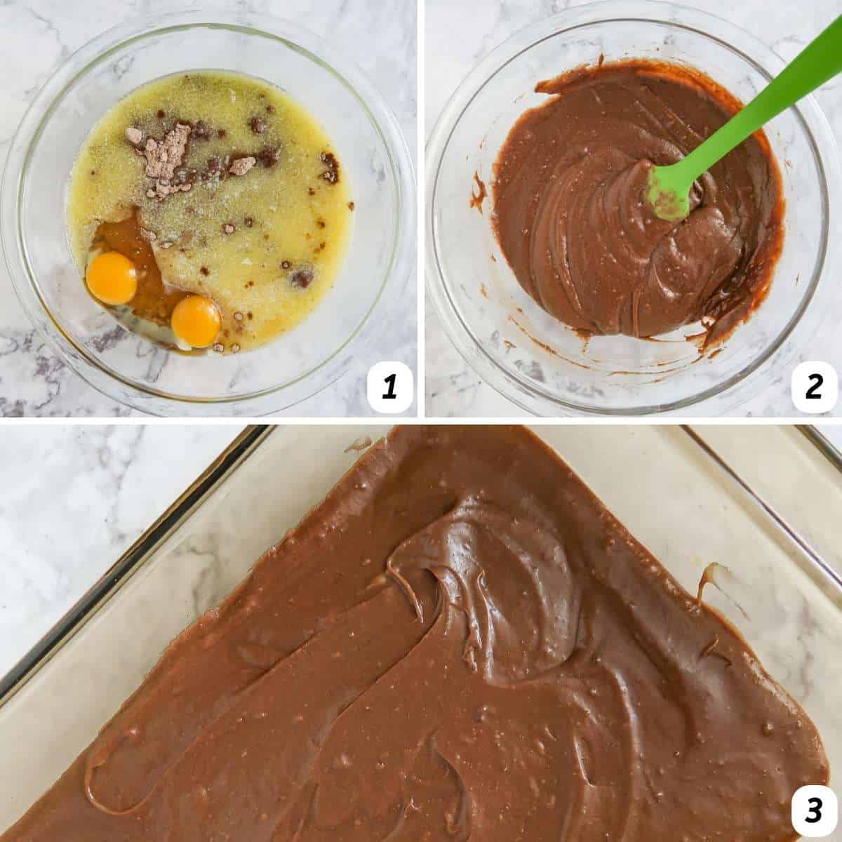 Three panel grid of process shots 1-3 - combining ingredients to make brownie batter and pouring about ½ of batter into a pan.