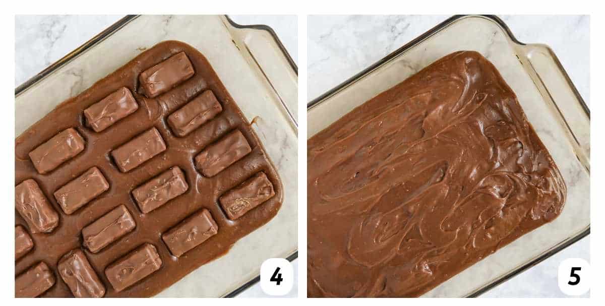 Two panel grid of process shots 4 and 5 - placing snickers bars in brownie batter and covering with the rest of the batter.