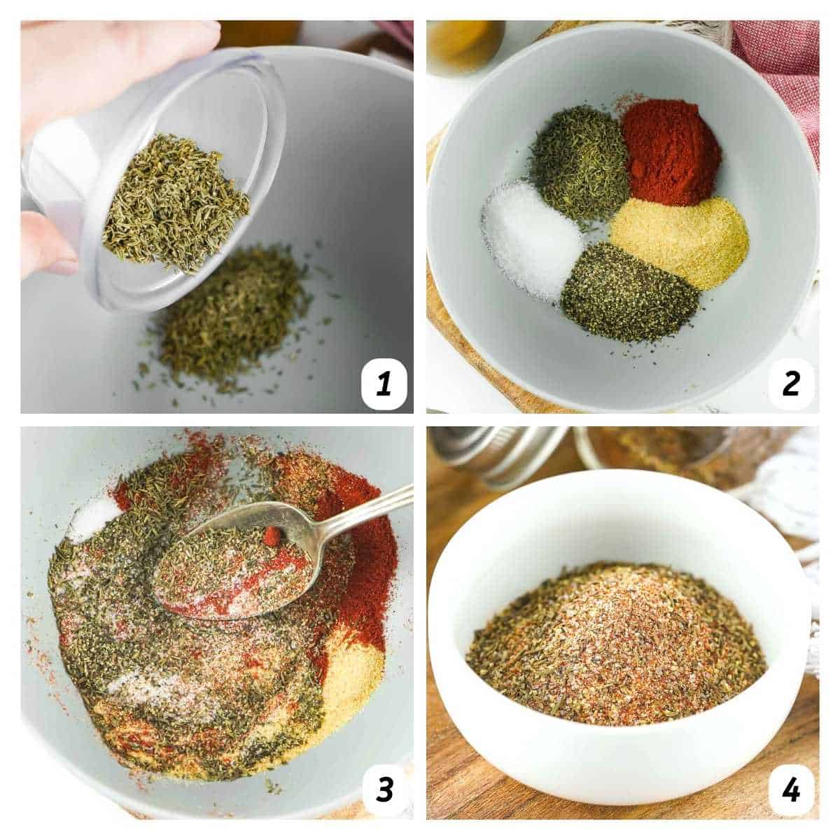Four panel grid of process shots - combining spices together to make rub.