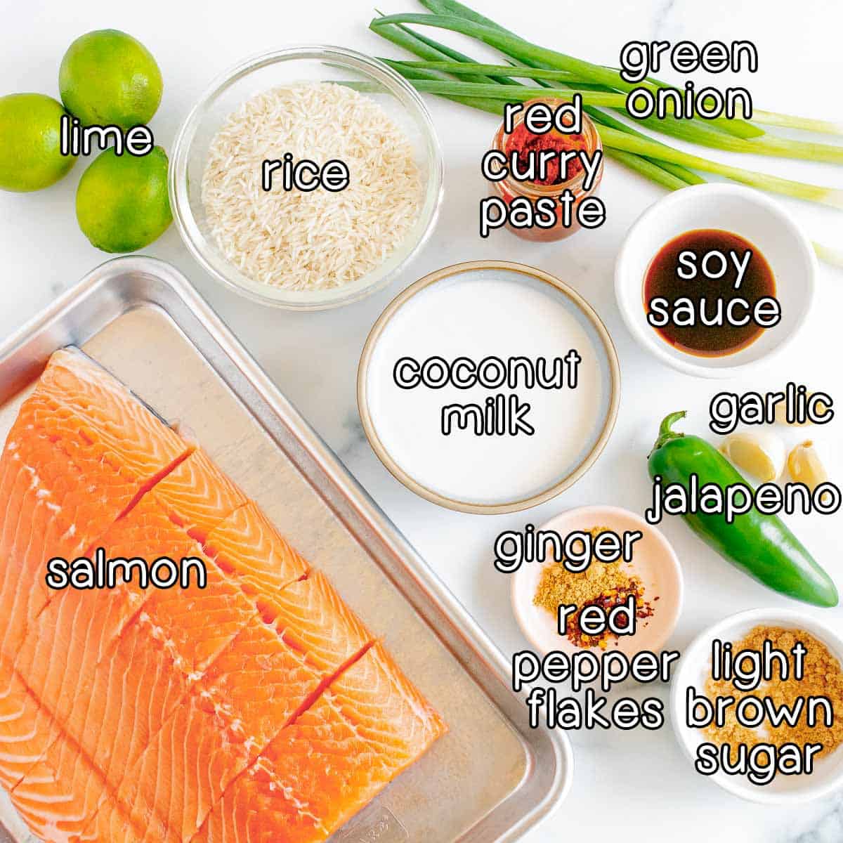 Overhead shot of ingredients - lime, rice, red curry paste, green onion, soy sauce, coconut milk, garlic, jalapeno, light brown sugar, ginger, red pepper flakes, and salmon.