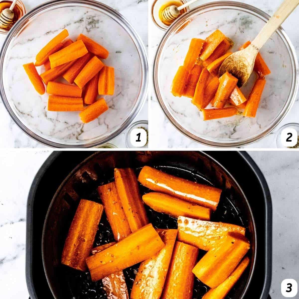 Three panel grid of process shots - chopping carrots, coating with seasonings, and cooking in the air fryer.