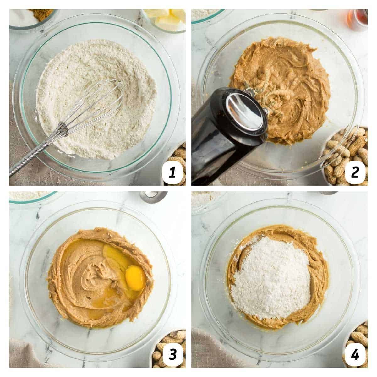 Four panel grid of process shots 1-4 - whisking dry and wet ingredients separately and then combining.