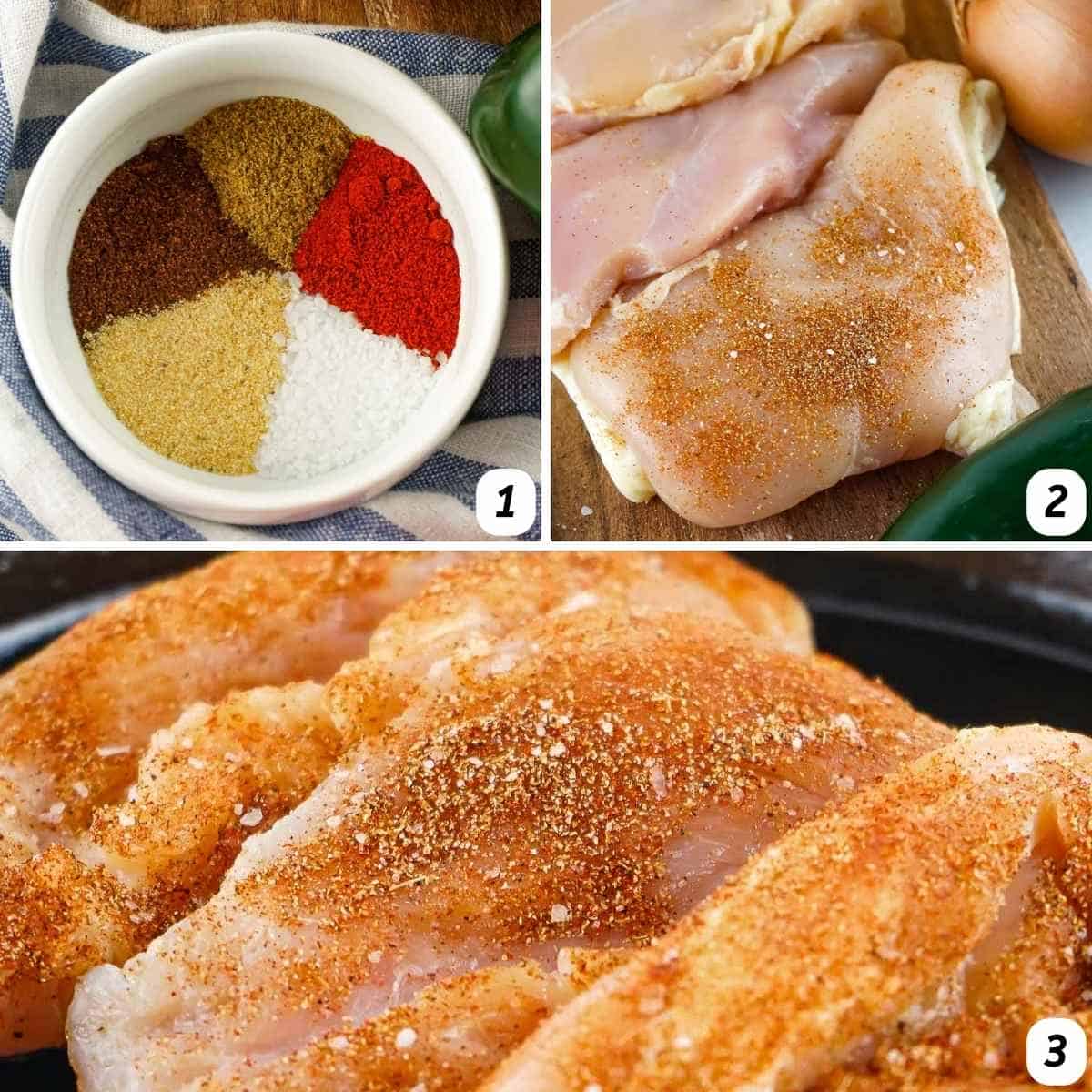 Three panel grid of process shots 1-3 - making the spice mixture, prepping chicken breasts, and coating chicken with spices.