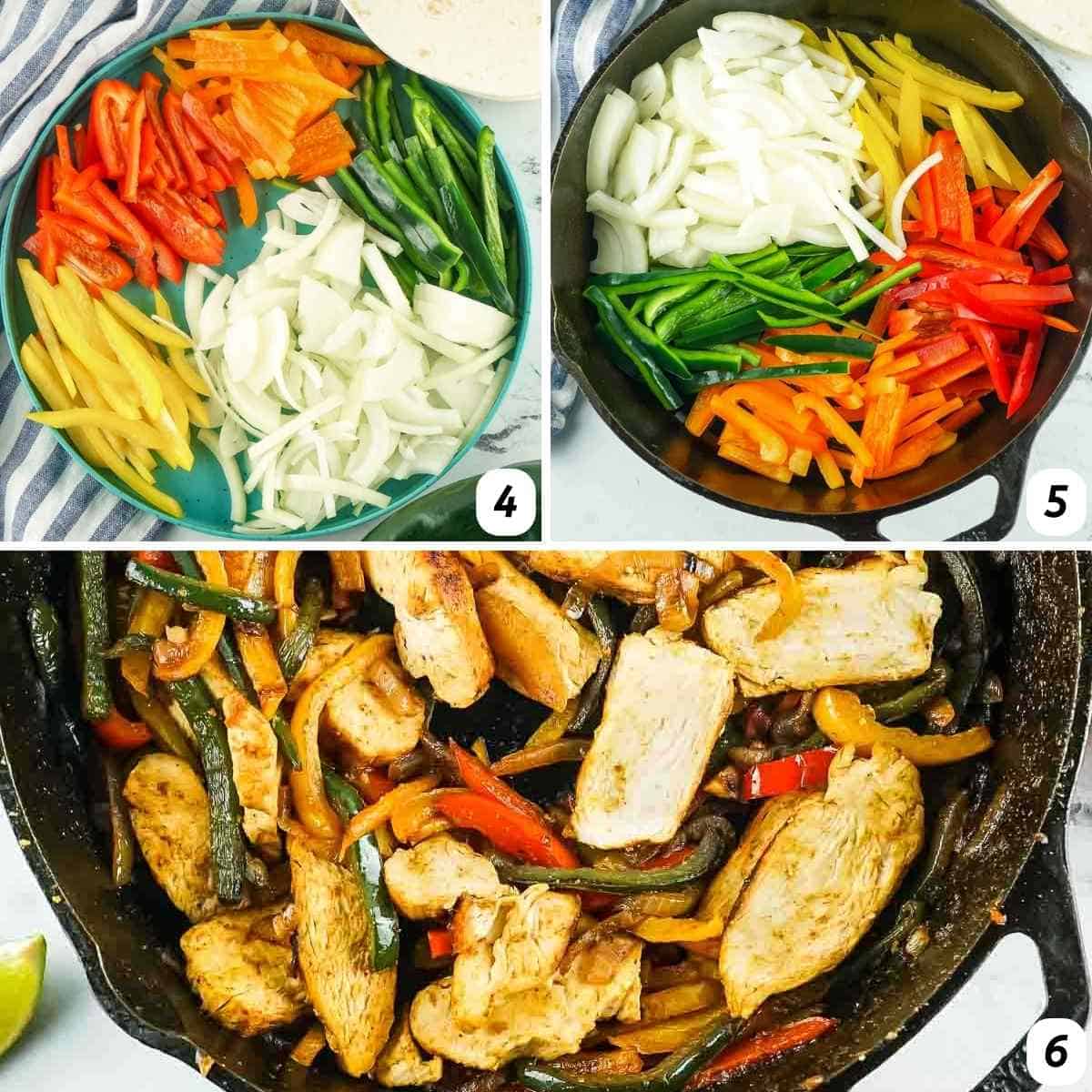 Three panel grid of process shots 4-6 - chopping vegetables, cooking separately in a skillet, and combining with chicken.