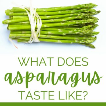 Bundle of asparagus tied with twice, with text underneath displaying the name of the blog post.