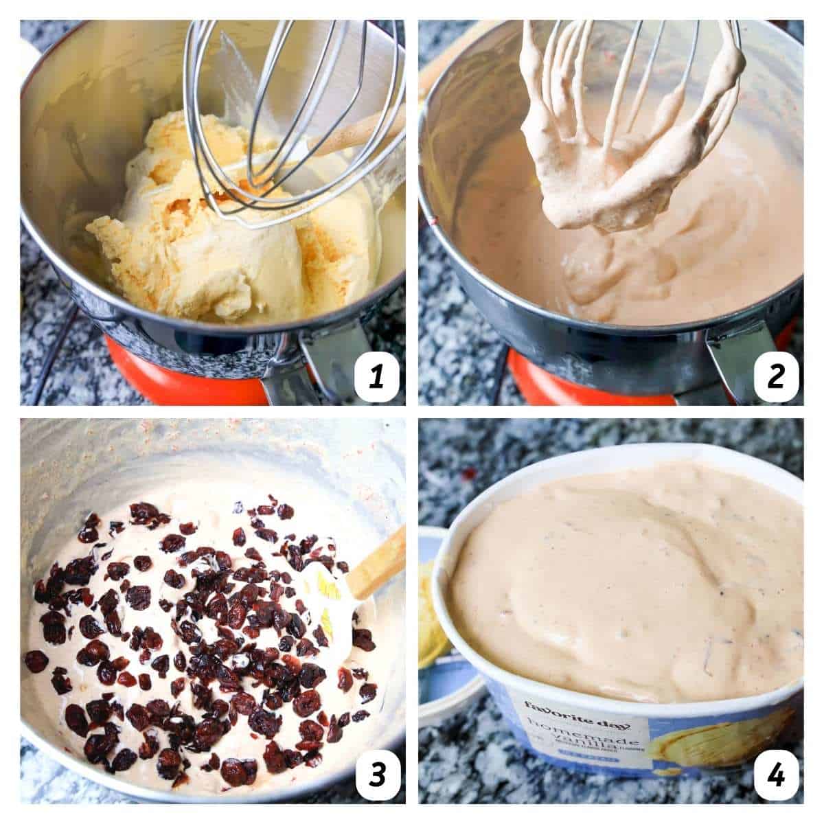 Four panel grid of process shots - mixing slightly melted ice cream and cranberry sauce together, adding the dried cranberries, and freezing overnight.