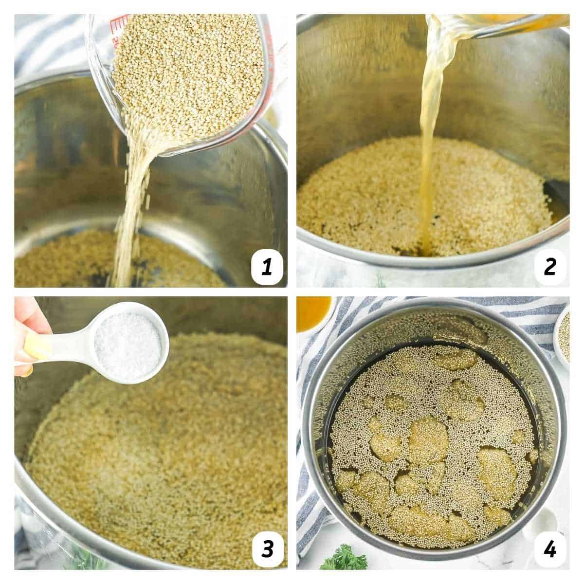 Four panel grid of process shots 1-4 - adding quinoa, salt, and chicken broth into the instant pot and cooking.