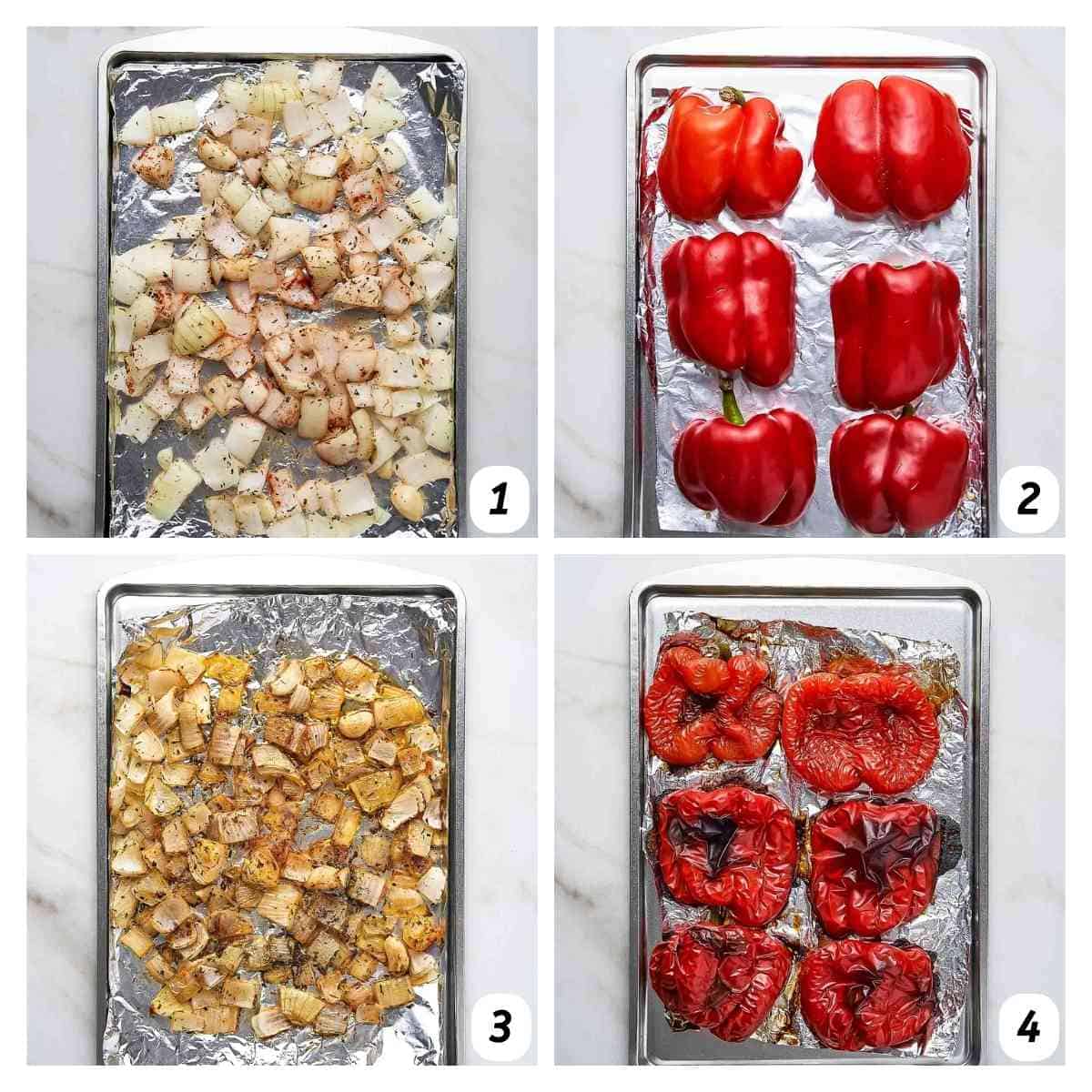 Four panel collage of process shots 1-4 - baking onions with seasoning and halved red bell peppers on separate baking sheets longed with aluminum foil.