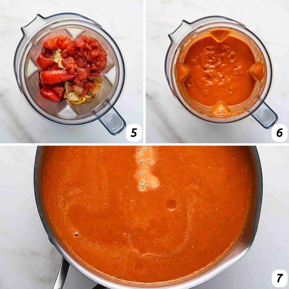 Three panel grid of process shots 5-7 - blending together baked ingredients to make soup and adding the rest of ingredients.