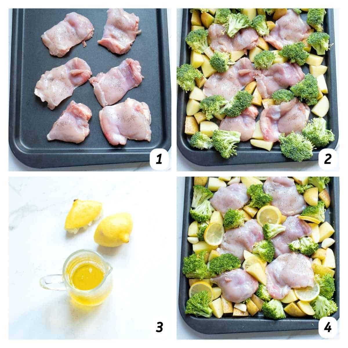 Four panel grid of process shots 1-4 - preparing chicken thighs and vegetables, coating with olive oil and lemon, and placing on a baking sheet.