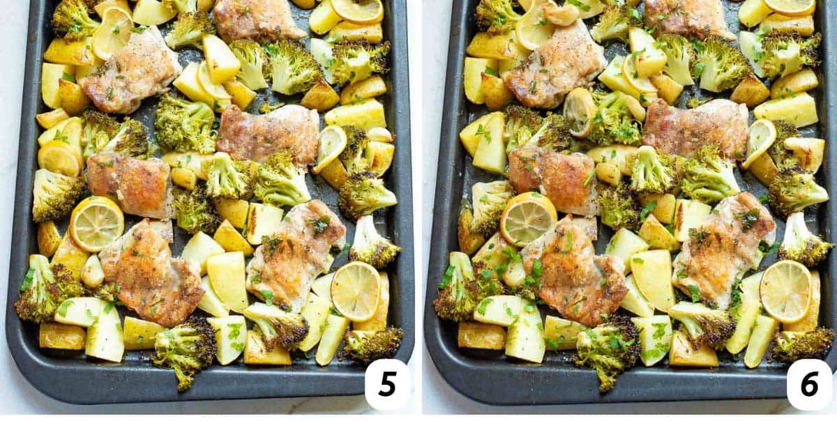 Two panel grid of process shots 5-6 - baking chicken thighs and vegetables in the oven and garnishing with cilantro.